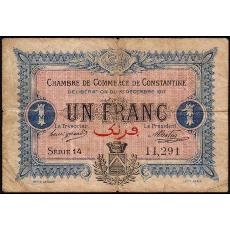 Algérie - Constantine 140-15 - 1 franc - Série 14 - 01/12/1917 - Etat : B+