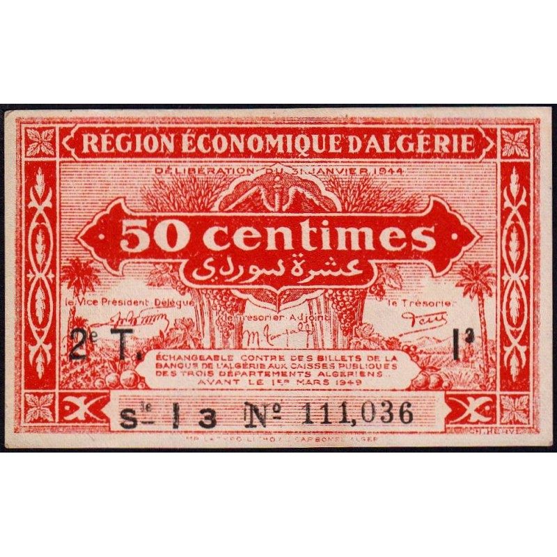 Algérie - Pick 100 - 50 centimes - Série I3 - 31/01/1944 - Etat : SPL+