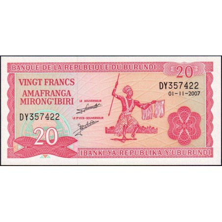 Burundi - Pick 27d_5 - 20 francs - Série DY - 01/11/2007 - Etat : NEUF