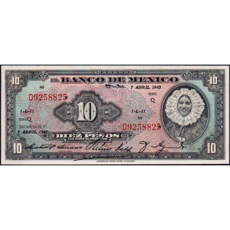 Mexique - Pick 39a - 10 pesos - Série Q - Préfixe D - 07/04/1943 - Etat : NEUF