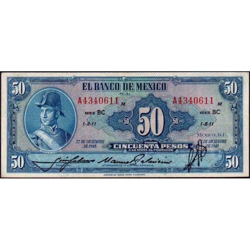 Mexique - Pick 49a - 50 pesos - Série BC - Préfixe A - 22/12/1948 - Etat : SUP-