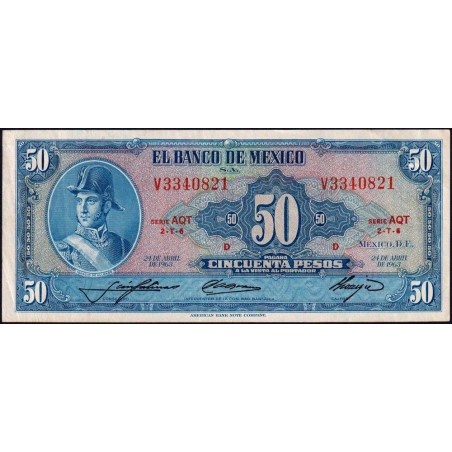 Mexique - Pick 49o - 50 pesos - Série AQT - Préfixe V - 24/04/1963 - Etat : SUP