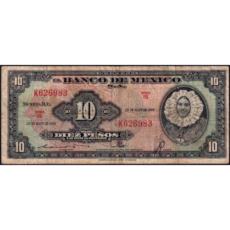 Mexique - Pick 58g - 10 pesos - Série IS - Préfixe K - 20/05/1959 - Etat : TB-