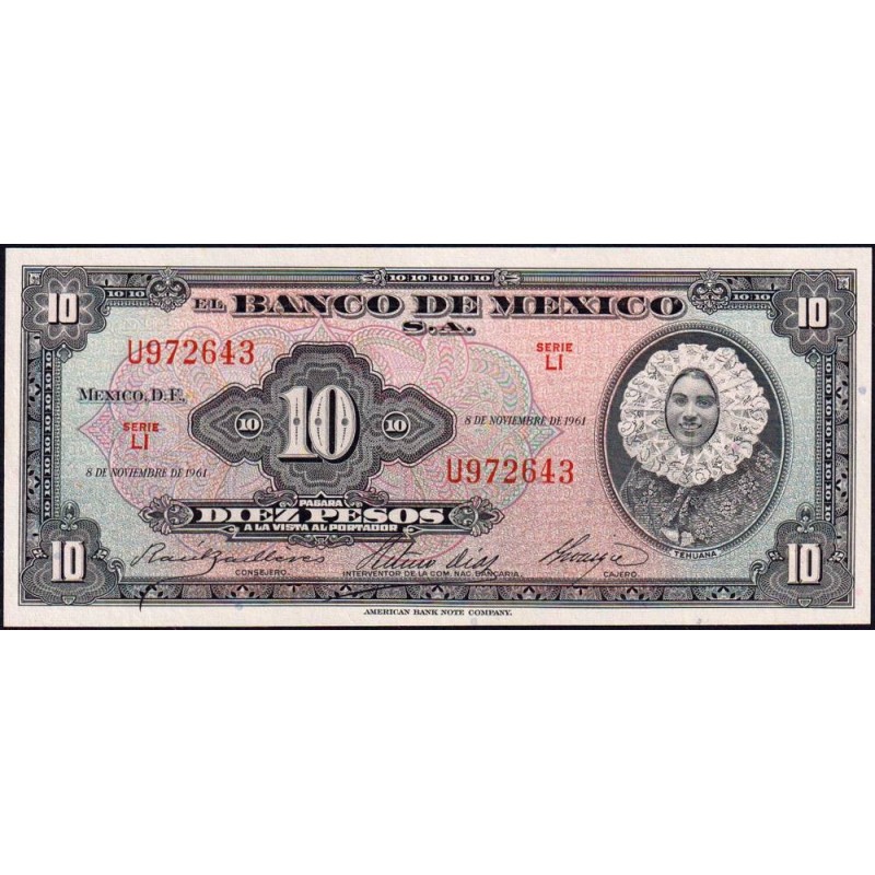 Mexique - Pick 58i - 10 pesos - Série LI - Préfixe U - 08/11/1961 - Etat : NEUF