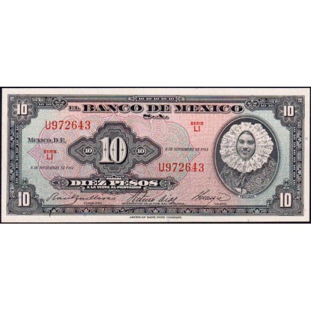 Mexique - Pick 58i - 10 pesos - Série LI - Préfixe U - 08/11/1961 - Etat : NEUF