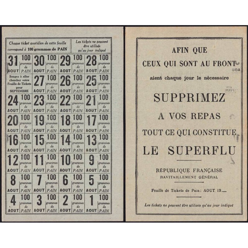1940 - Feuille de tickets de ration de 100 gr. de pain - Août - Etat : SUP+