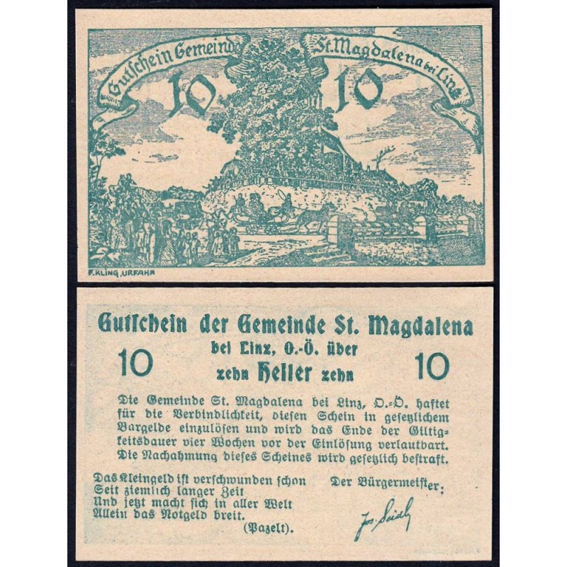 Autriche - Notgeld - St-Magadalena-bei-Linz - 10 heller - 1920 - Etat : NEUF