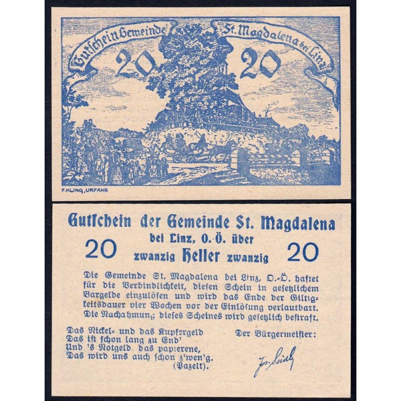 Autriche - Notgeld - St-Magadalena-bei-Linz - 20 heller - 1920 - Etat : NEUF