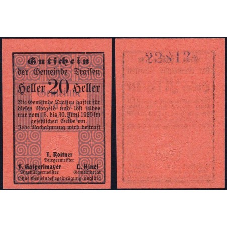 Autriche - Notgeld - Traisen - 20 heller - Type b - 1920 - Etat : NEUF
