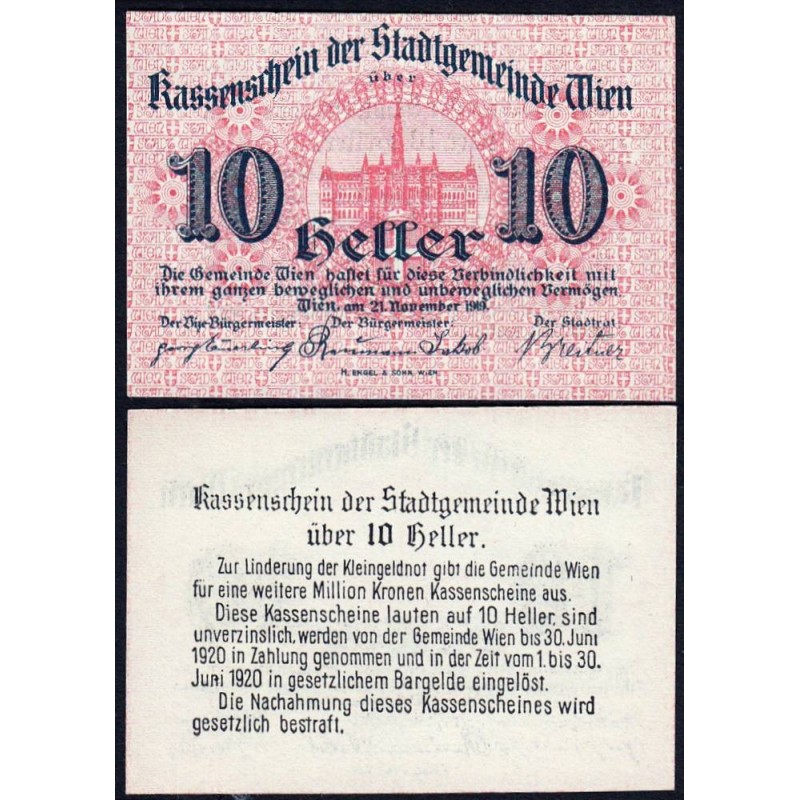 Autriche - Notgeld - Wien - 10 heller - Type c - 21/11/1919 - Etat : NEUF
