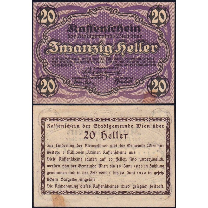 Autriche - Notgeld - Wien - 20 heller - Type e - 13/02/1920 - Etat : SUP+