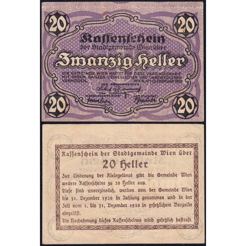Autriche - Notgeld - Wien - 20 heller - Type f - 13/02/1920 - Etat : SPL