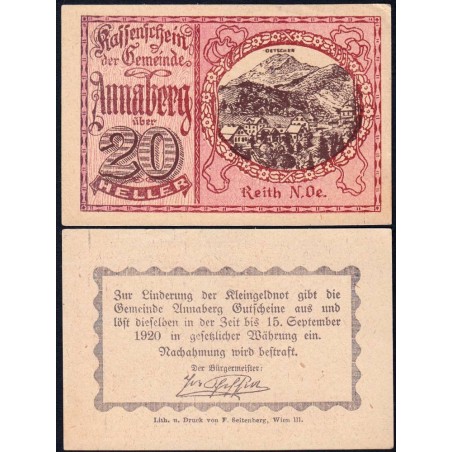 Autriche - Notgeld - Annaberg - 20 heller - Type a - 1920 - Etat : SPL