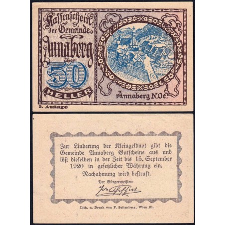 Autriche - Notgeld - Annaberg - 50 heller - Type b - 1920 - Etat : pr.NEUF