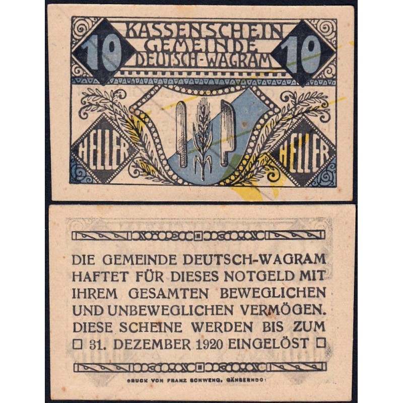 Autriche - Notgeld - Deutsch-Wagram - 10 heller - Type a - 1920 - Variété - Etat : SPL