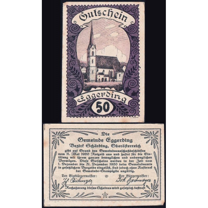 Autriche - Notgeld - Eggerding - 50 heller - Type c - 11/05/1920 - Etat : TTB+