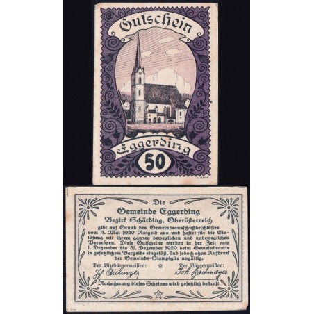 Autriche - Notgeld - Eggerding - 50 heller - Type c - 11/05/1920 - Etat : TTB+