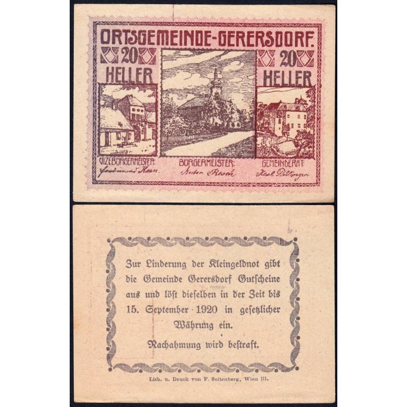 Autriche - Notgeld - Gerersdorf - 20 heller - Type a - 1920 - Etat : SUP+