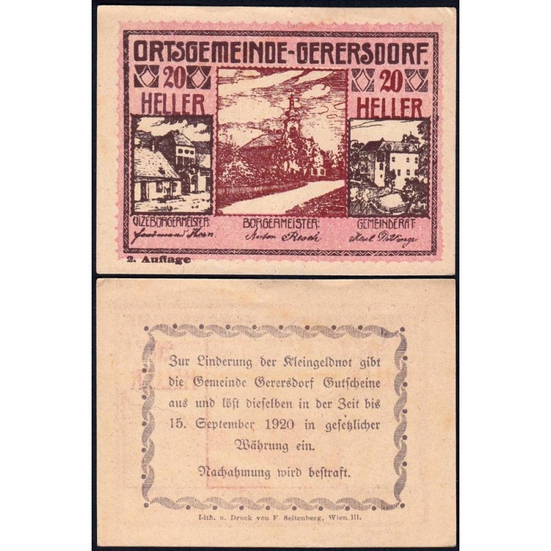 Autriche - Notgeld - Gerersdorf - 20 heller - Type c - 1920 - Etat : SUP
