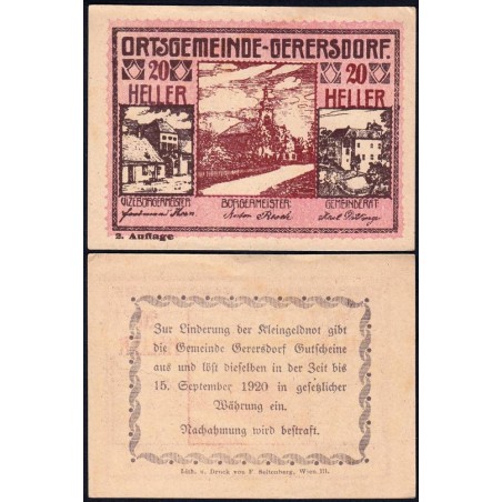Autriche - Notgeld - Gerersdorf - 20 heller - Type c - 1920 - Etat : SUP