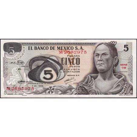 Mexique - Pick 62a - 5 pesos - Série 1M - Préfixe M - 03/12/1969 - Etat : SUP-