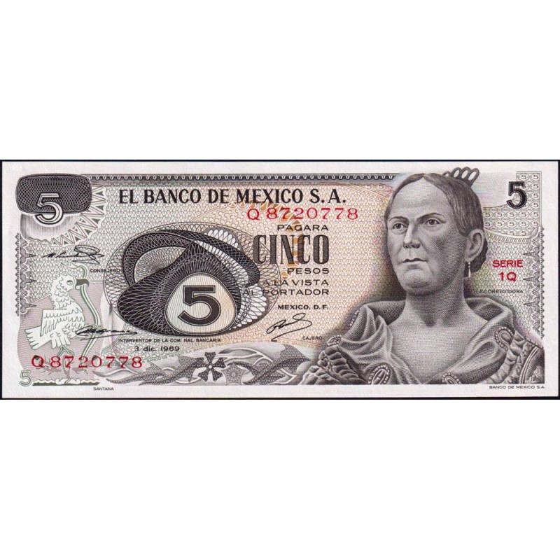 Mexique - Pick 62a - 5 pesos - Série 1Q - Préfixe Q - 03/12/1969 - Etat : NEUF