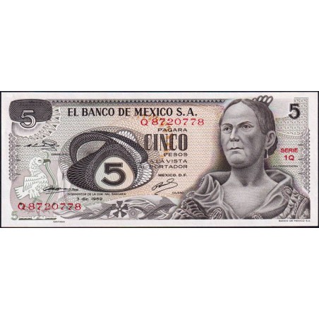 Mexique - Pick 62a - 5 pesos - Série 1Q - Préfixe Q - 03/12/1969 - Etat : NEUF
