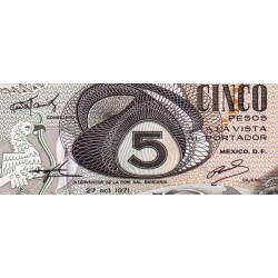 Mexique - Pick 62a - 5 pesos - Série 1U - Préfixe U - 03/12/1969 - Etat : pr.NEUF