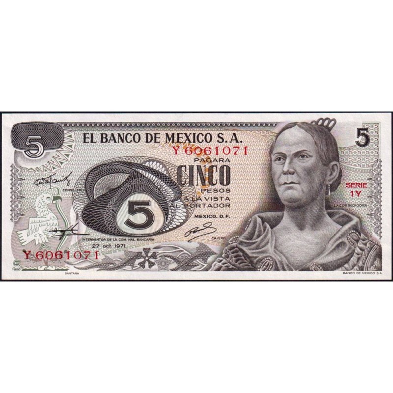 Mexique - Pick 62a - 5 pesos - Série 1Y - Préfixe Y - 03/12/1969 - Etat : NEUF