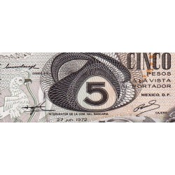 Mexique - Pick 62c - 5 pesos - Série 1AT - Préfixe T - 27/06/1972 - Etat : TTB+