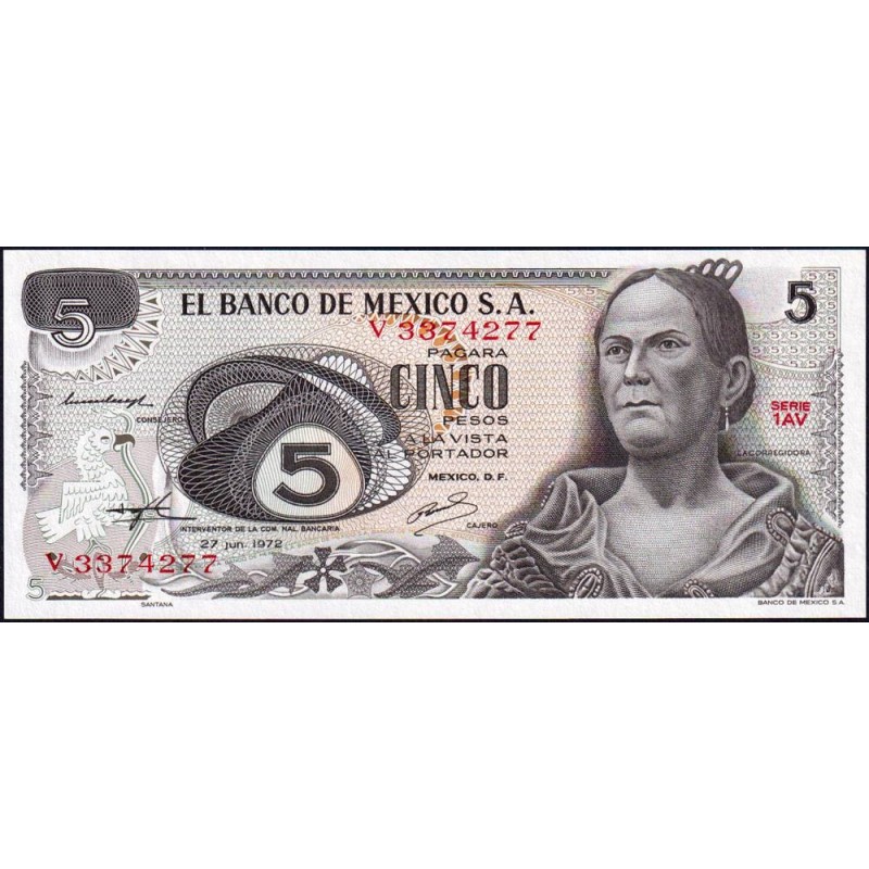 Mexique - Pick 62c - 5 pesos - Série 1AV - Préfixe V - 27/06/1972 - Etat : NEUF