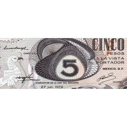 Mexique - Pick 62c - 5 pesos - Série 1AV - Préfixe V - 27/06/1972 - Etat : NEUF