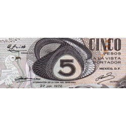 Mexique - Pick 62c - 5 pesos - Série 1BA - Préfixe A - 27/06/1972 - Etat : NEUF