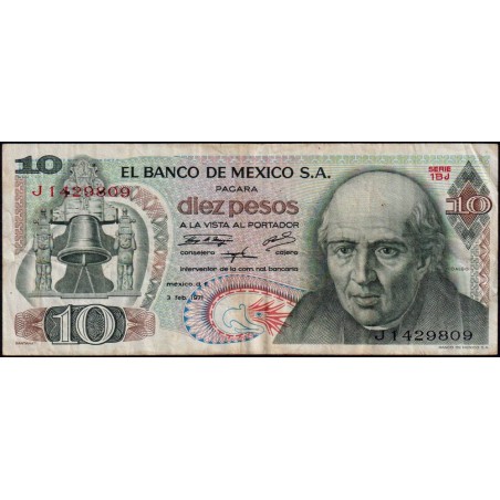 Mexique - Pick 63d_5 - 10 pesos - Série 1BJ - Préfixe J - 03/02/1971 - Etat : TB