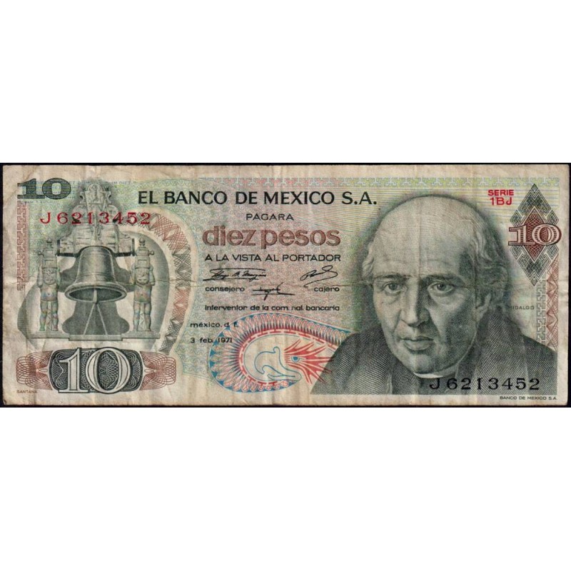 Mexique - Pick 63d_5 - 10 pesos - Série 1BJ - Préfixe J - 03/02/1971 - Etat : TB-