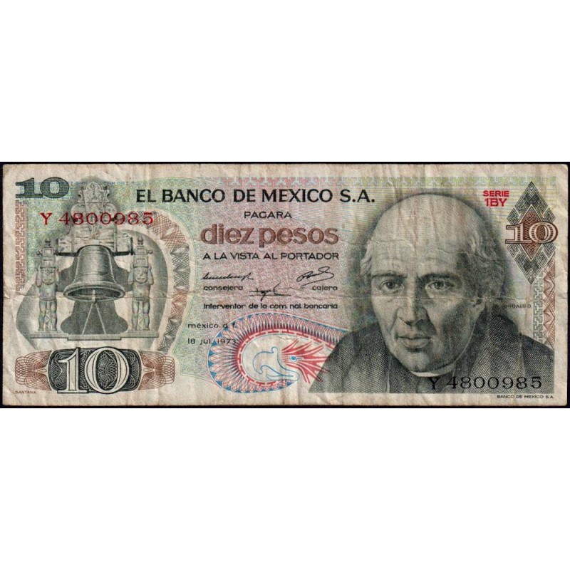 Mexique - Pick 63f_1 - 10 pesos - Série 1BY - Préfixe Y - 18/07/1973 - Etat : TB-