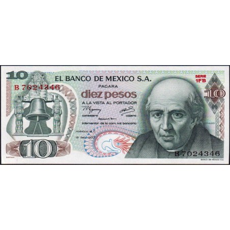 Mexique - Pick 63i_4 - 10 pesos - Série 1FB - Préfixe B - 18/02/1977 - Etat : pr.NEUF