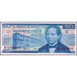 Mexique - Pick 65a - 50 pesos - Série BU - Préfixe W - 18/07/1973 - Etat : pr.NEUF