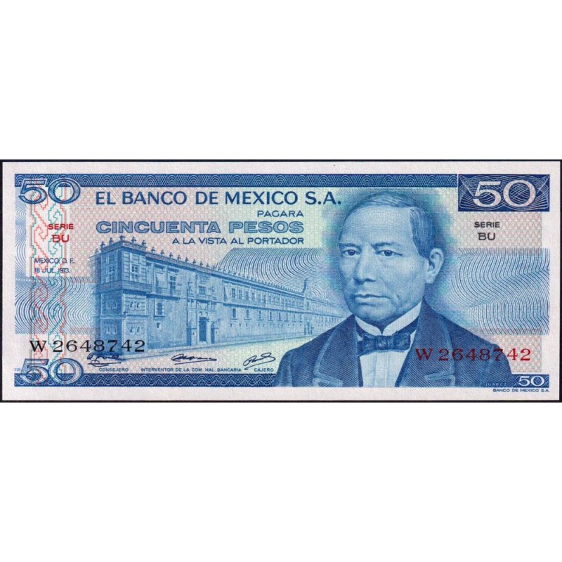 Mexique - Pick 65a - 50 pesos - Série BU - Préfixe W - 18/07/1973 - Etat : NEUF