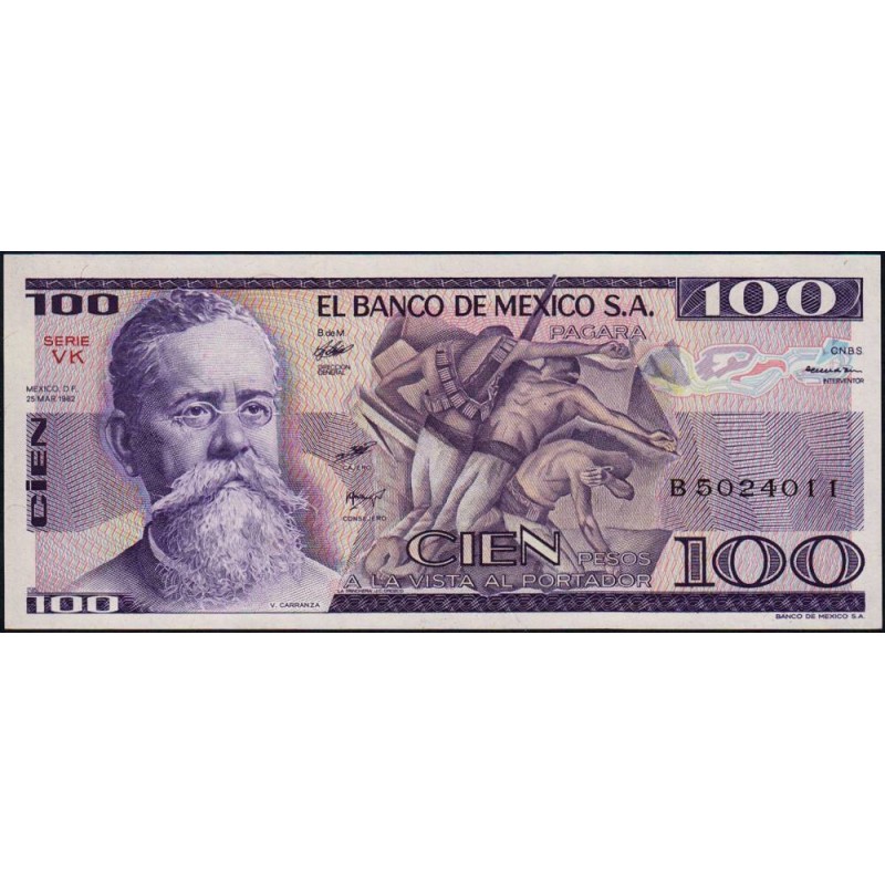 Mexique - Pick 74c - 100 pesos - Série VK - Préfixe B - 25/03/1982 - Etat : NEUF