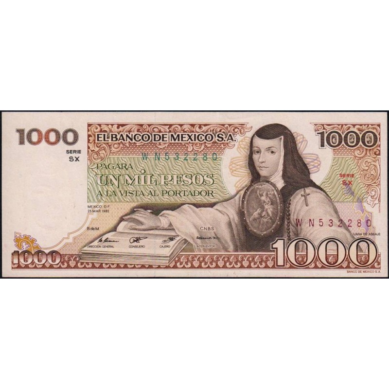 Mexique - Pick 76d - 1'000 pesos - Série SX - Préfixe W - 25/03/1982 - Etat : SPL