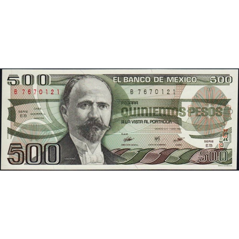 Mexique - Pick 79b - 500 pesos - Série EB - Préfixe B - 07/08/1984 - Etat : NEUF