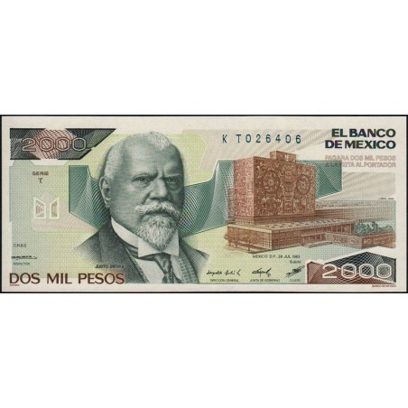 Mexique - Pick 82a - 2'000 pesos - Série T - Préfixe K - 26/07/1983 - Etat : NEUF