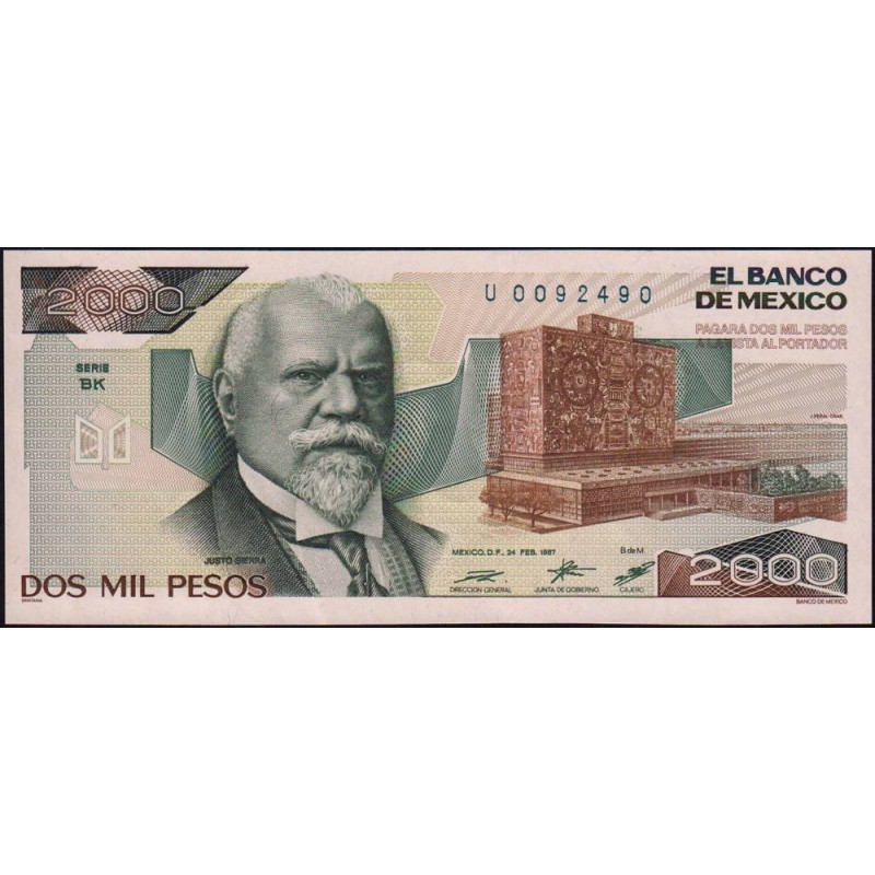 Mexique - Pick 86b - 2'000 pesos - Série BK - Préfixe U - 24/02/1987 - Etat : SPL