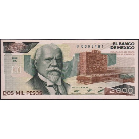 Mexique - Pick 86b - 2'000 pesos - Série BK - Préfixe U - 24/02/1987 - Etat : pr.NEUF