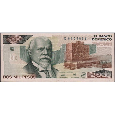 Mexique - Pick 86b - 2'000 pesos - Série BU - Préfixe D - 24/02/1987 - Etat : SPL