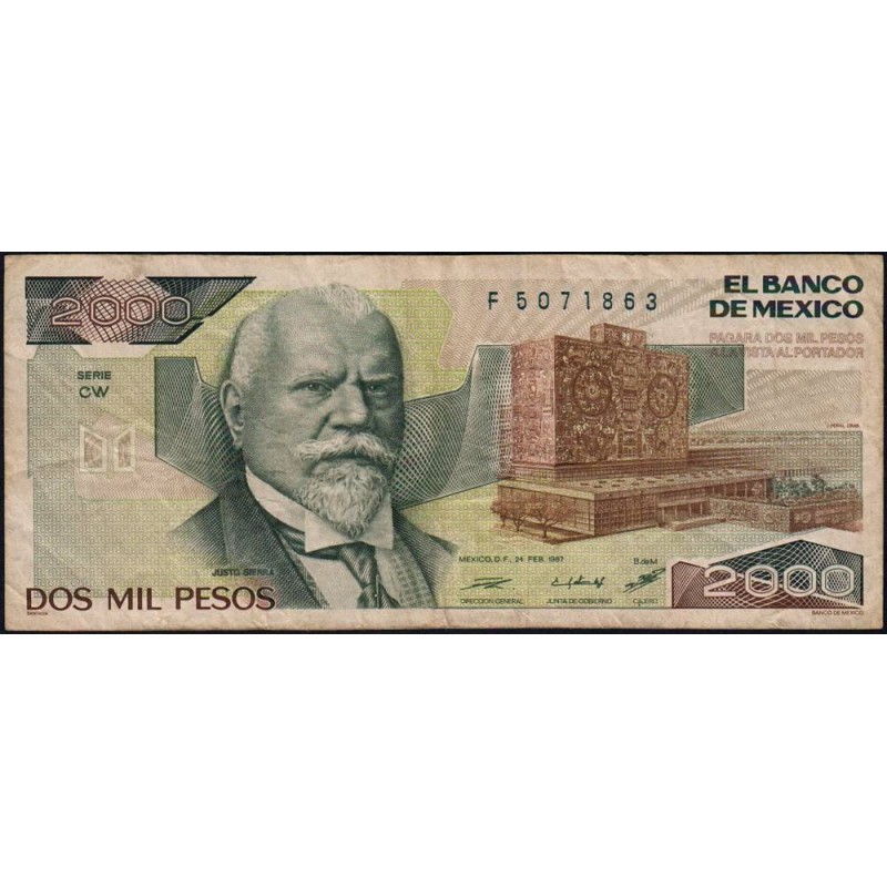 Mexique - Pick 86b - 2'000 pesos - Série CW - Préfixe F - 24/02/1987 - Etat : TB-