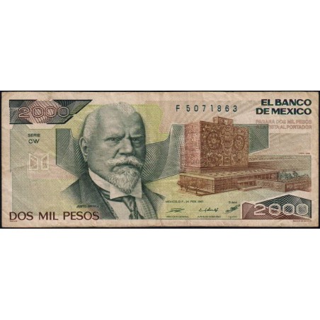 Mexique - Pick 86b - 2'000 pesos - Série CW - Préfixe F - 24/02/1987 - Etat : TB-