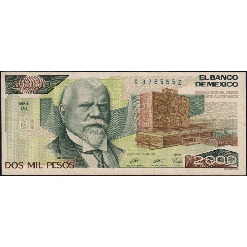 Mexique - Pick 86c - 2'000 pesos - Série DJ - Préfixe X - 28/03/1989 - Etat : TTB+