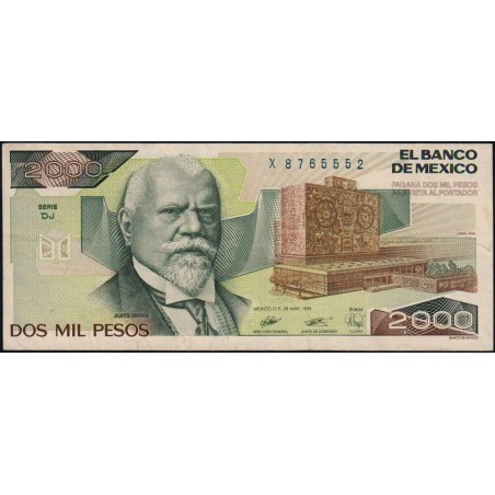 Mexique - Pick 86c - 2'000 pesos - Série DJ - Préfixe X - 28/03/1989 - Etat : TTB+